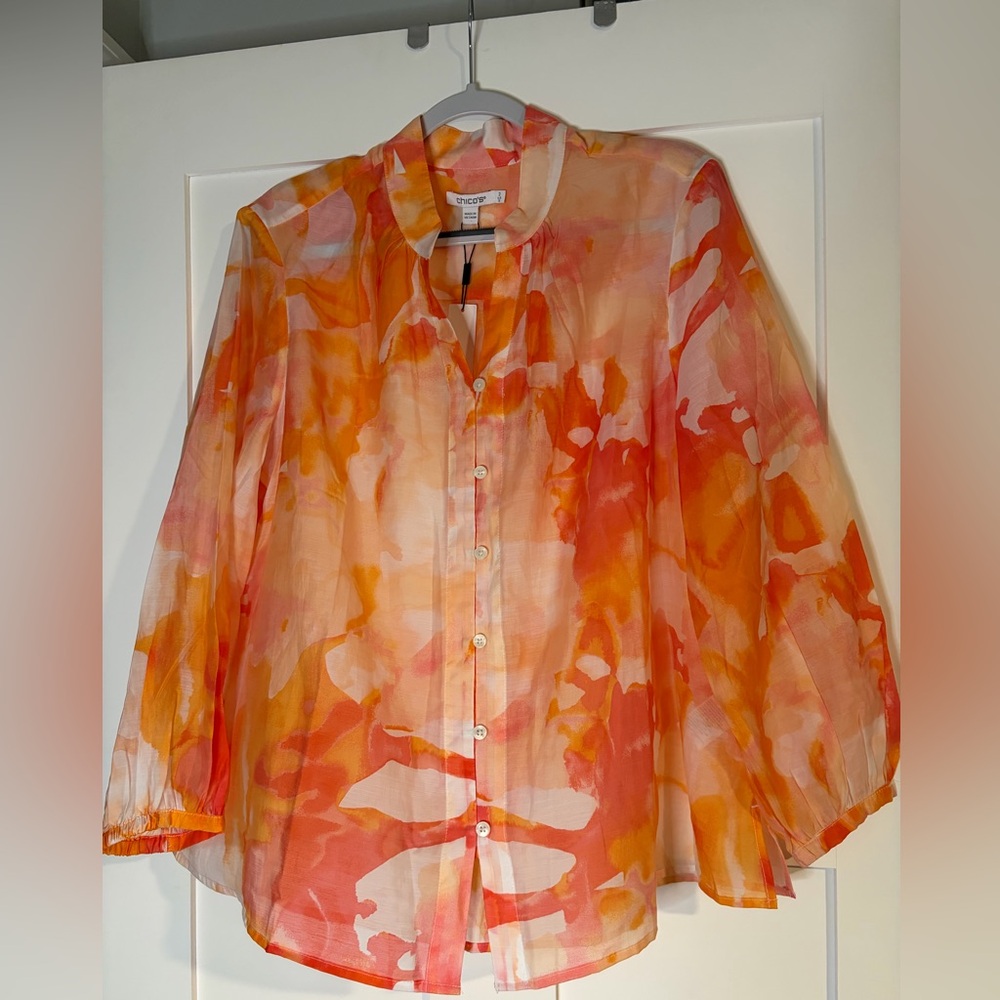 Chicos Pintuck Collar Shirt Watercolor Blend Alabaster Orange Pink Blouse 2 L 12 - Picture 4 of 9